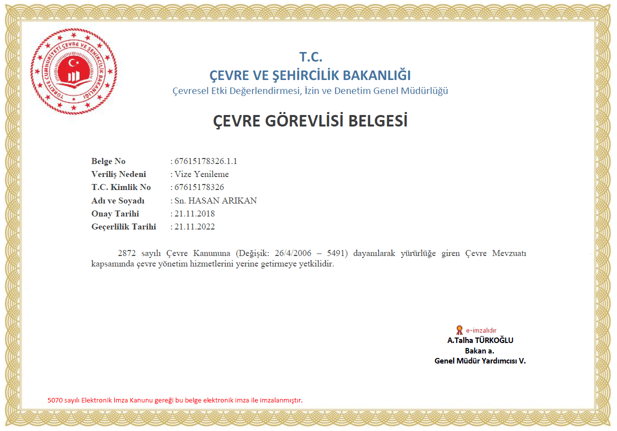 Çevre Görevlisi Belgesi